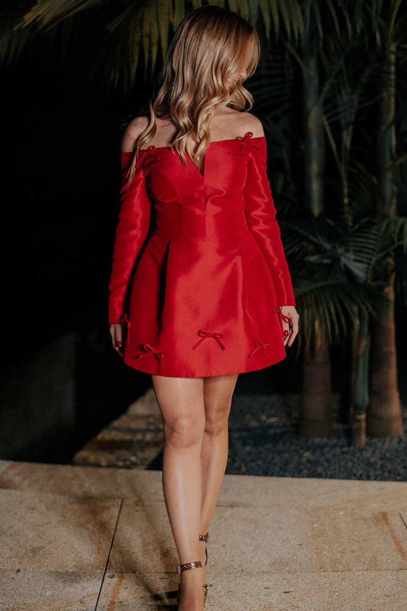 Off Shoulder Long Sleeve Bow Decor Cinch Waist Mini Dresses-Red-Hayhty.All Rights Reserved.