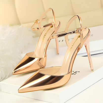 Burnished Plain Pointy Toe Ankle Strap Buckle Stiletto Heels-Hayhty.All Rights Reserved.