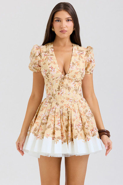 Floral Print Deep V Neck Juliet Sleeve Corset Mini Dresses-Yellow-Hayhty.All Rights Reserved.