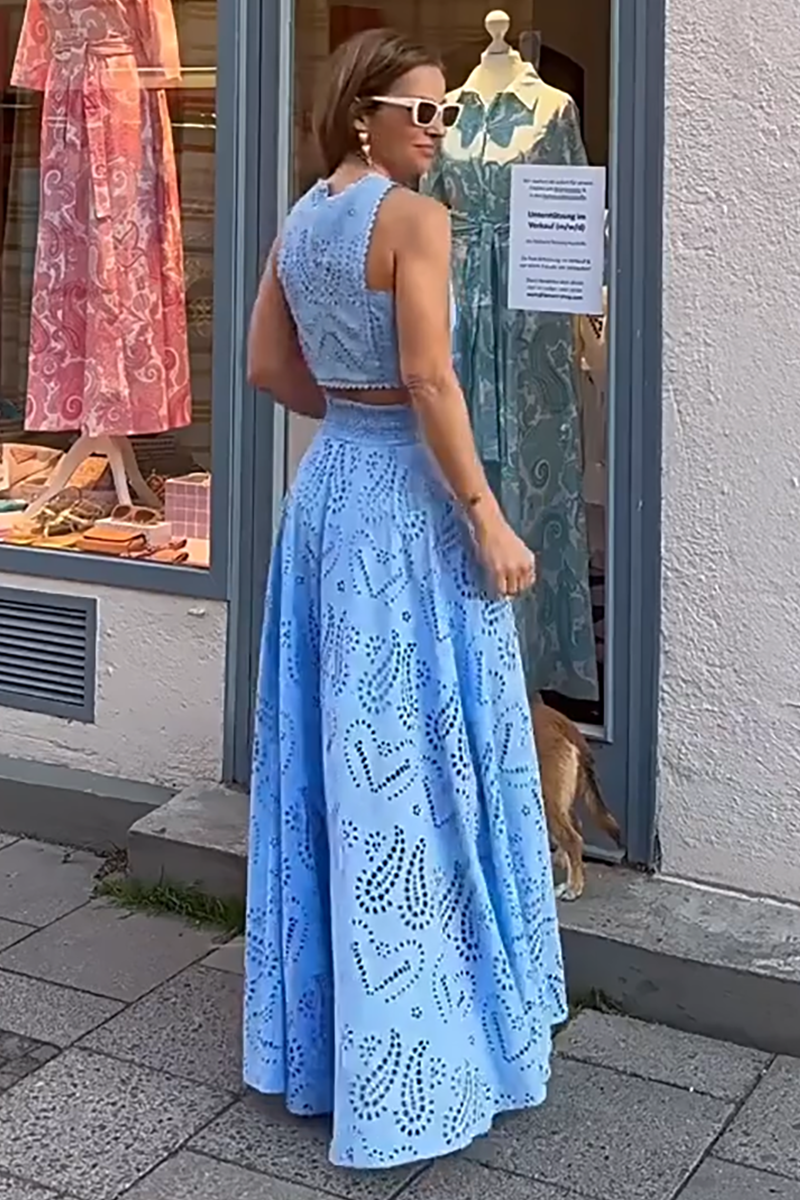 Hollow Out Pattern Sleeveless Crop Top High Waist Maxi Skirt Matching Set-Blue-Hayhty.All Rights Reserved.