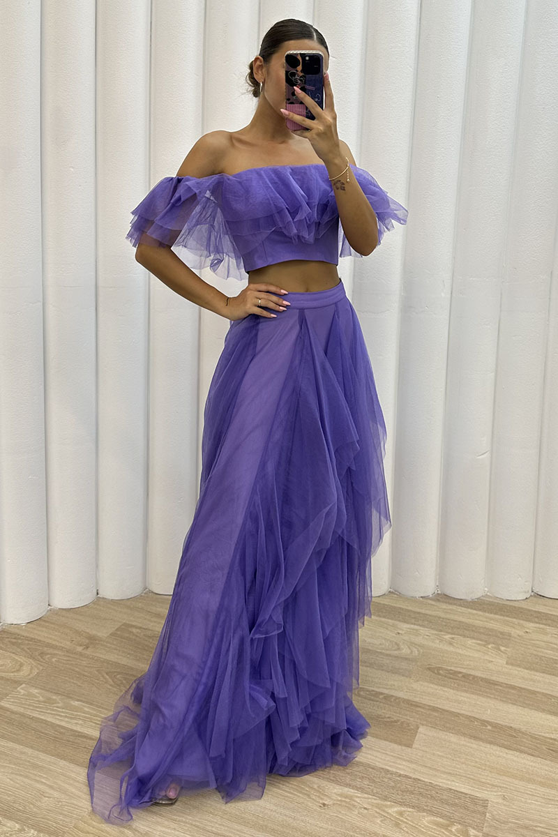 Off Shoulder Crop Top Irregular Tulle Maxi Skirt Evening Gown Matching Set-Hayhty.All Rights Reserved.