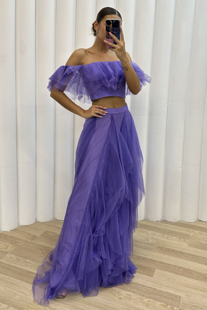 Off Shoulder Crop Top Irregular Tulle Maxi Skirt Evening Gown Matching Set-Hayhty.All Rights Reserved.