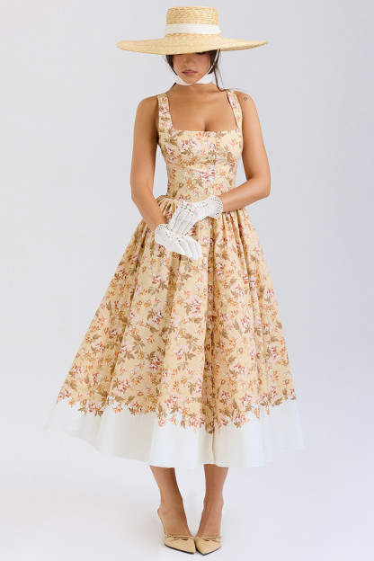 Floral Print Cinch Waist Wide Straps Bouffant Midi Dresses-Yellow-Hayhty.All Rights Reserved.