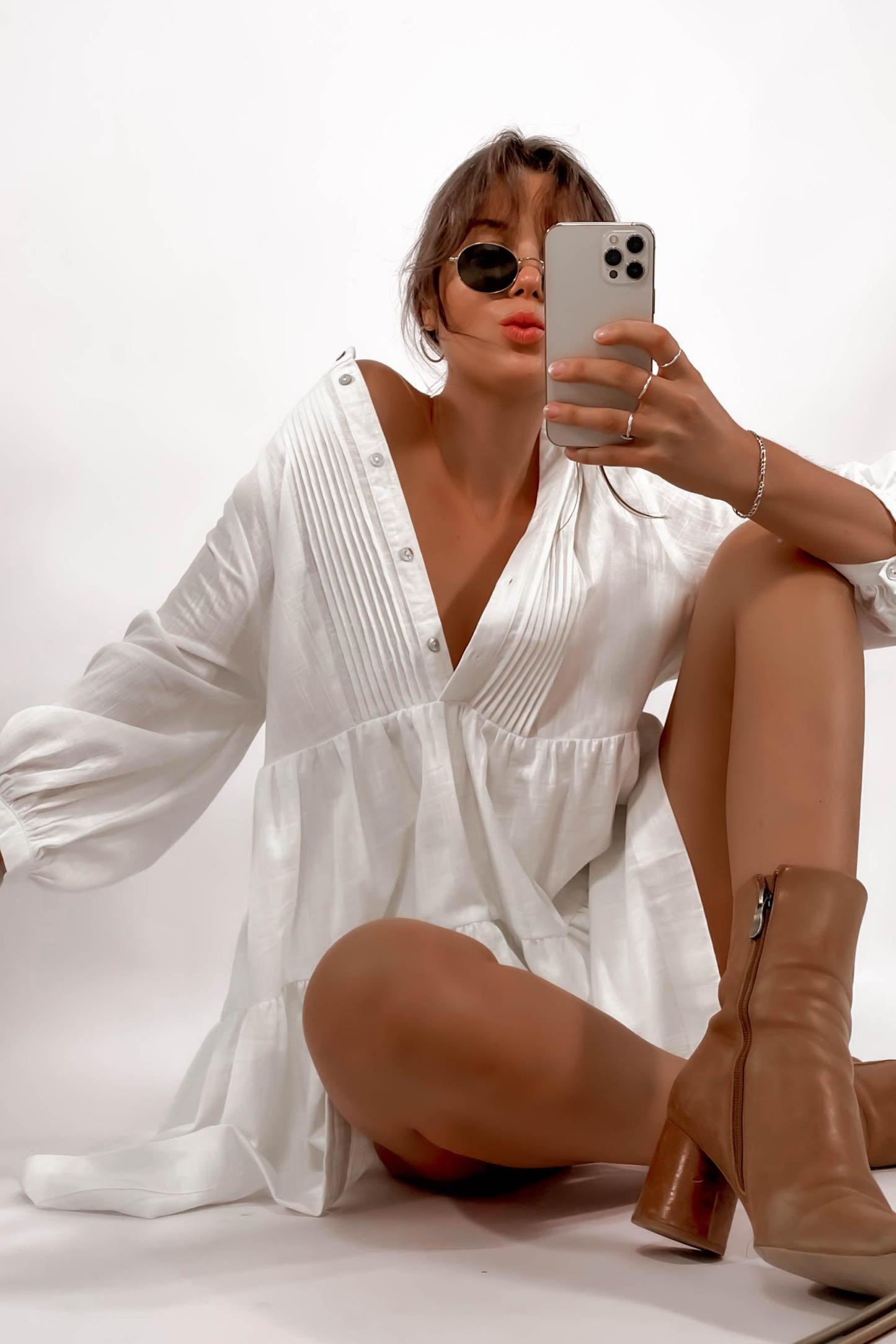 Long Sleeve Button White Mini Dresses-Hayhty.All Rights Reserved.