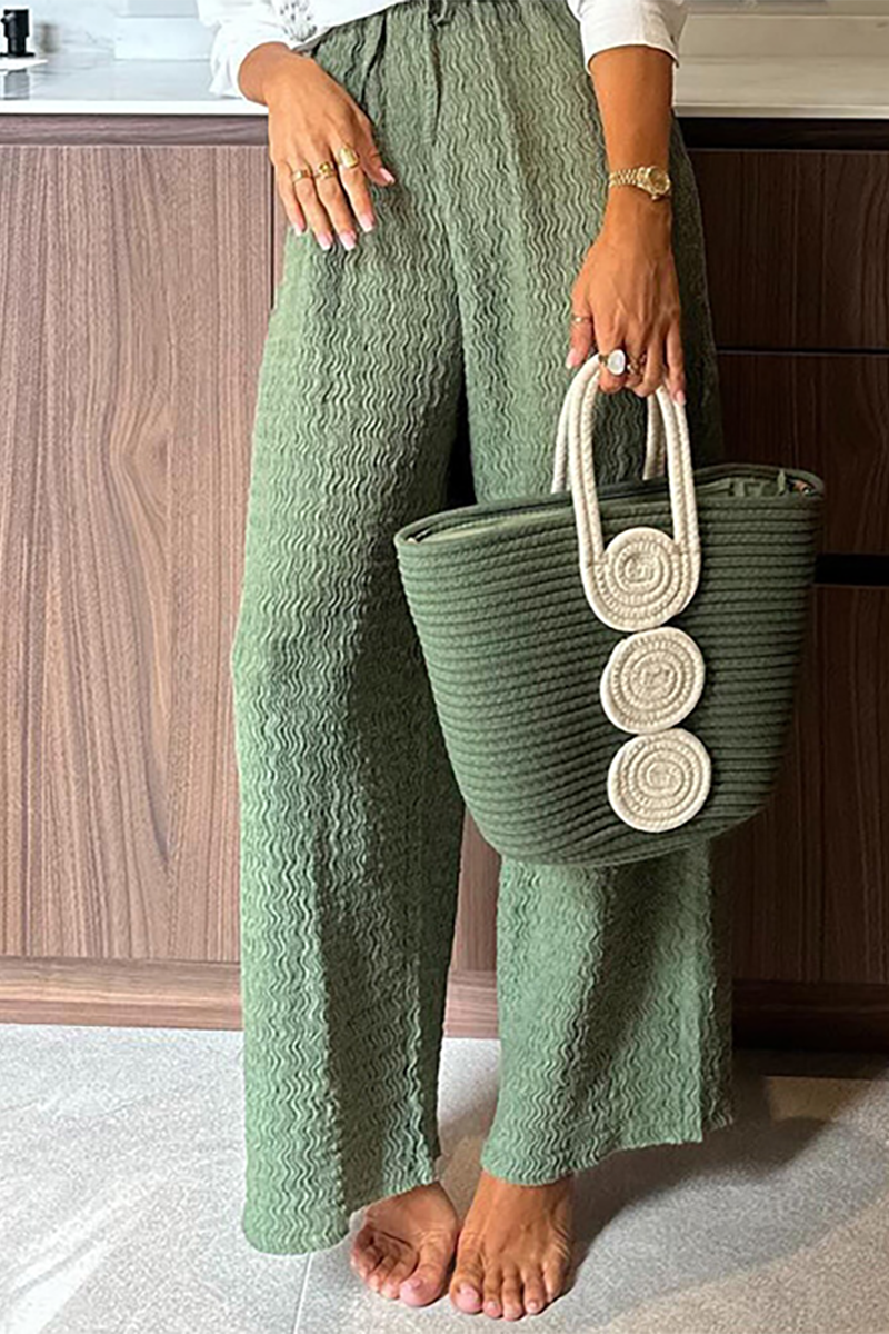 Plants Pattern Turndown Collar Blouse Wide Leg Pants Matching Set-Green-Hayhty.All Rights Reserved.