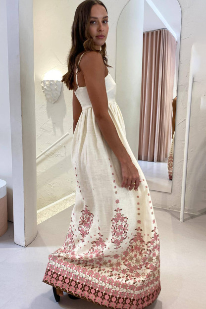 Boat Neckline Floral Print A-Line Maxi Strappy Dresses-Beige-Hayhty.All Rights Reserved.