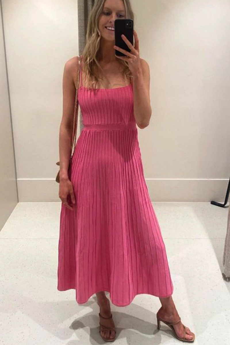 Knit Boat Neck Spaghetti Strap A-Line Vacation Midi Dress-Hayhty.All Rights Reserved.