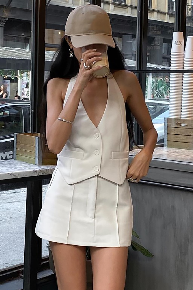 Solid Color Button Up Halter Top Mini Skirt Matching Set-Beige-Hayhty.All Rights Reserved.