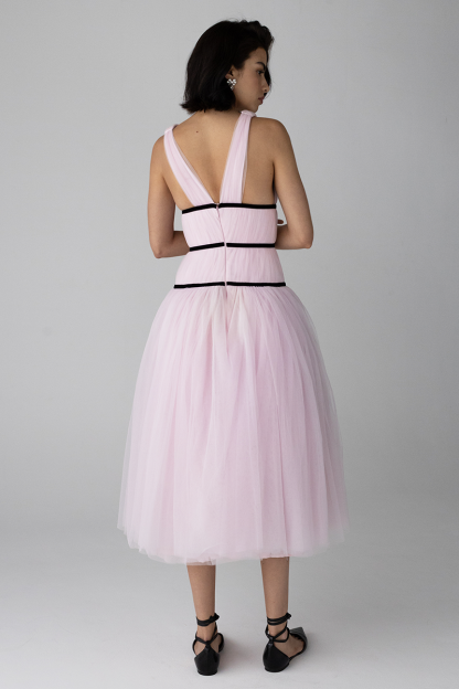 Ribbon Wrapped Deep V Neck Tulle A-Line Midi Dresses-Pink-Hayhty.All Rights Reserved.