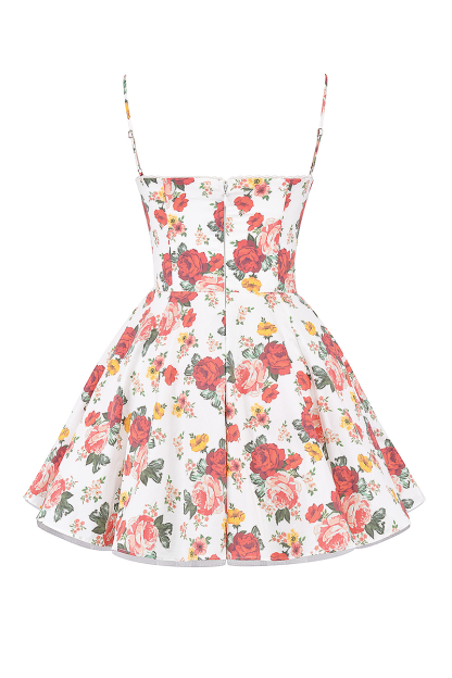 Floral Pattern Cinch Waist Mini Slip Dresses-White-Hayhty.All Rights Reserved.