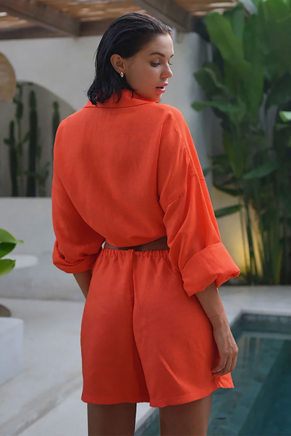 Solid Color Loose Fit Blouse Pocket Casual Shorts Matching Set-White-Hayhty.All Rights Reserved.