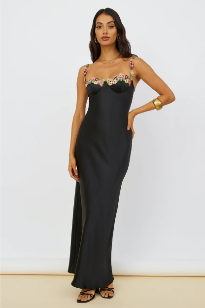 Embroidered Flower Boat Neck High Slit Satin Slim Garden Party Slip Maxi Dresses-Hayhty.All Rights Reserved.