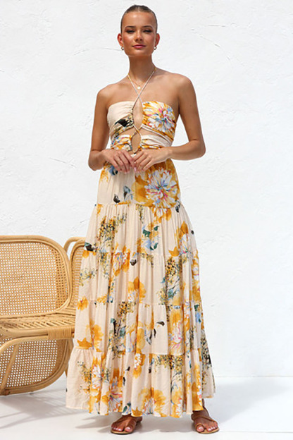 Cutout Halter Print Tiered Backless Vacation Maxi Dresses-Hayhty.All Rights Reserved.