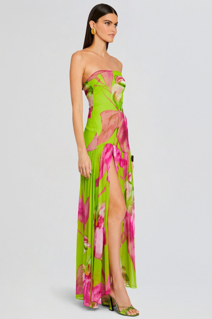 Floral Print Slim Fit High Slit Vacation Maxi Tube Dresses-Green-Hayhty.All Rights Reserved.
