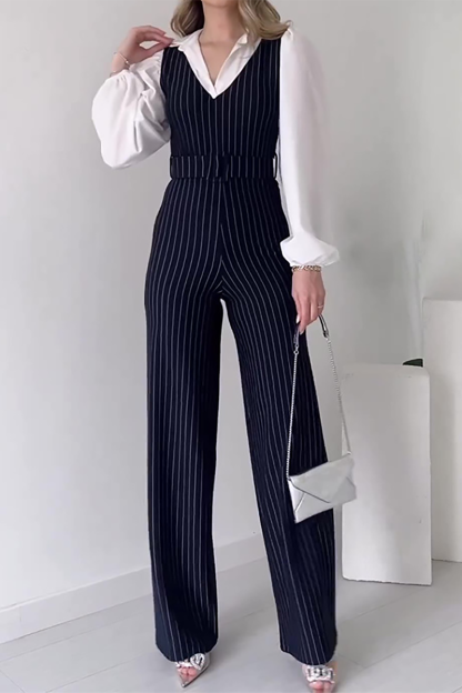 Striped Print Patchwork Lantern Sleeve Wide Leg Jumpsuit-Navy-Hayhty.All Rights Reserved.