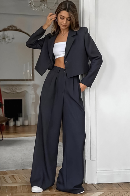Notch Lapel Crop Blazer Wide Leg Pants Matching Set-DarkGray-Hayhty.All Rights Reserved.