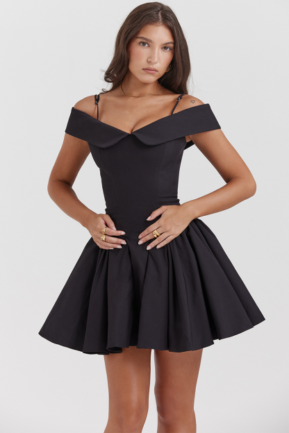 Cold Shoulder Corset A-Line Pleated Hem Cocktail Party Slip Mini Dresses-Black-Hayhty.All Rights Reserved.