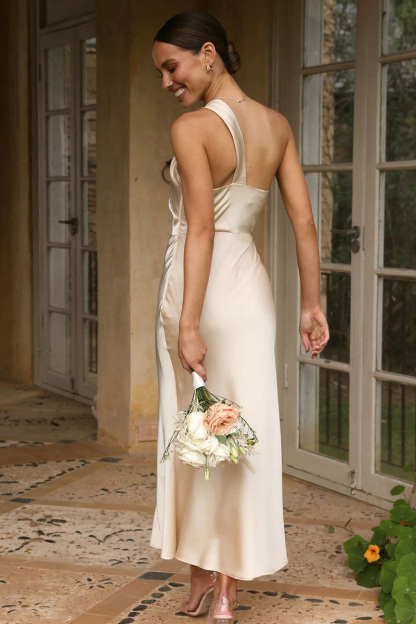 One Shoulder Backless Satin Bridesmaid Wedding Party Bodycon Fishtail Maxi Dress-Hayhty.All Rights Reserved.