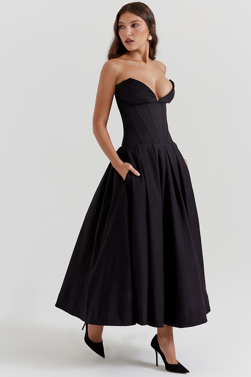 Deep V Neck Strapless Corset A-Line Pleated Midi Dresses-Black-Hayhty.All Rights Reserved.