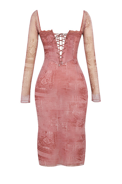 Mesh Pattern Print Square Neck Corset Long Sleeve Slim Fit Midi Dresses - Red-Hayhty.All Rights Reserved.