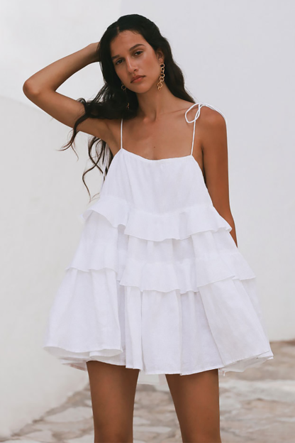 Tie Up Shoulder Strapless Backless Layered Ruffled A-Line Mini Dresses-White-Hayhty.All Rights Reserved.