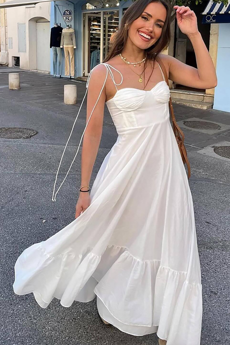 Tie Up Shoulder Straps Solid Color A-Line Flowy Maxi Dresses-White-Hayhty.All Rights Reserved.