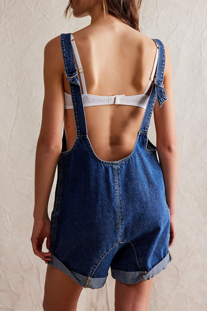 Deep V Neck Wide Straps Pockets Loose Fit Denim Casual Playsuit Romper-Blue-Hayhty.All Rights Reserved.