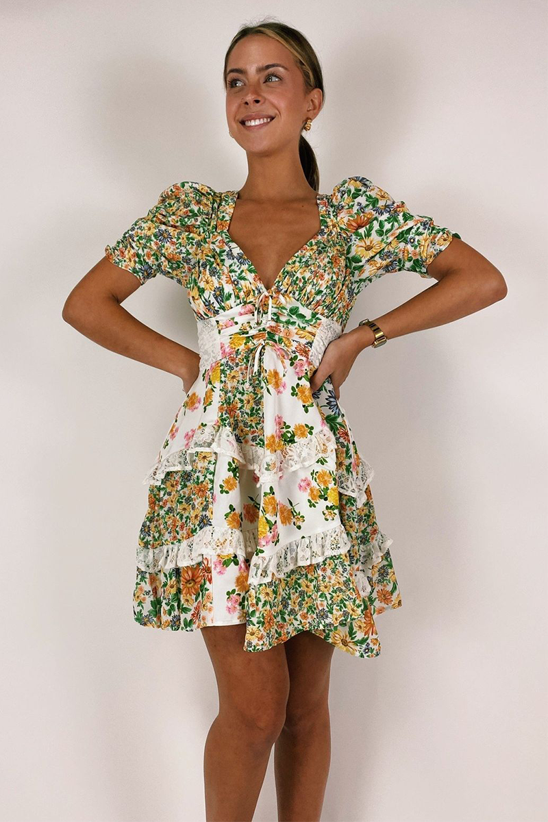 Floral Print V Neck Juliet Sleeve Lace Ruffled Trim A-Line Mini Dresses-Green-Hayhty.All Rights Reserved.