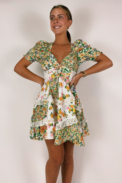 Floral Print V Neck Juliet Sleeve Lace Ruffled Trim A-Line Mini Dresses-Green-Hayhty.All Rights Reserved.