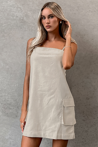 Boat Neckline Pocket Solid Color Casual Slip Mini Dresses-Khaki-Hayhty.All Rights Reserved.