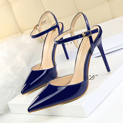 Burnished Plain Pointy Toe Ankle Strap Buckle Stiletto Heels-Hayhty.All Rights Reserved.
