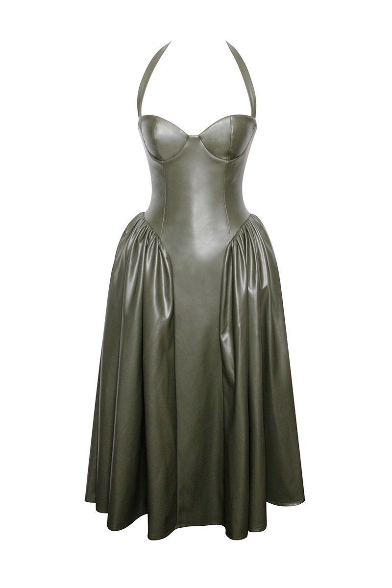 Halter Neck Corset Design Pleated Vegan Leather Midi Dresses-Olive-Hayhty.All Rights Reserved.