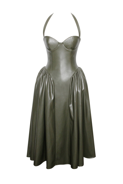 Halter Neck Corset Design Pleated Vegan Leather Midi Dresses-Olive-Hayhty.All Rights Reserved.
