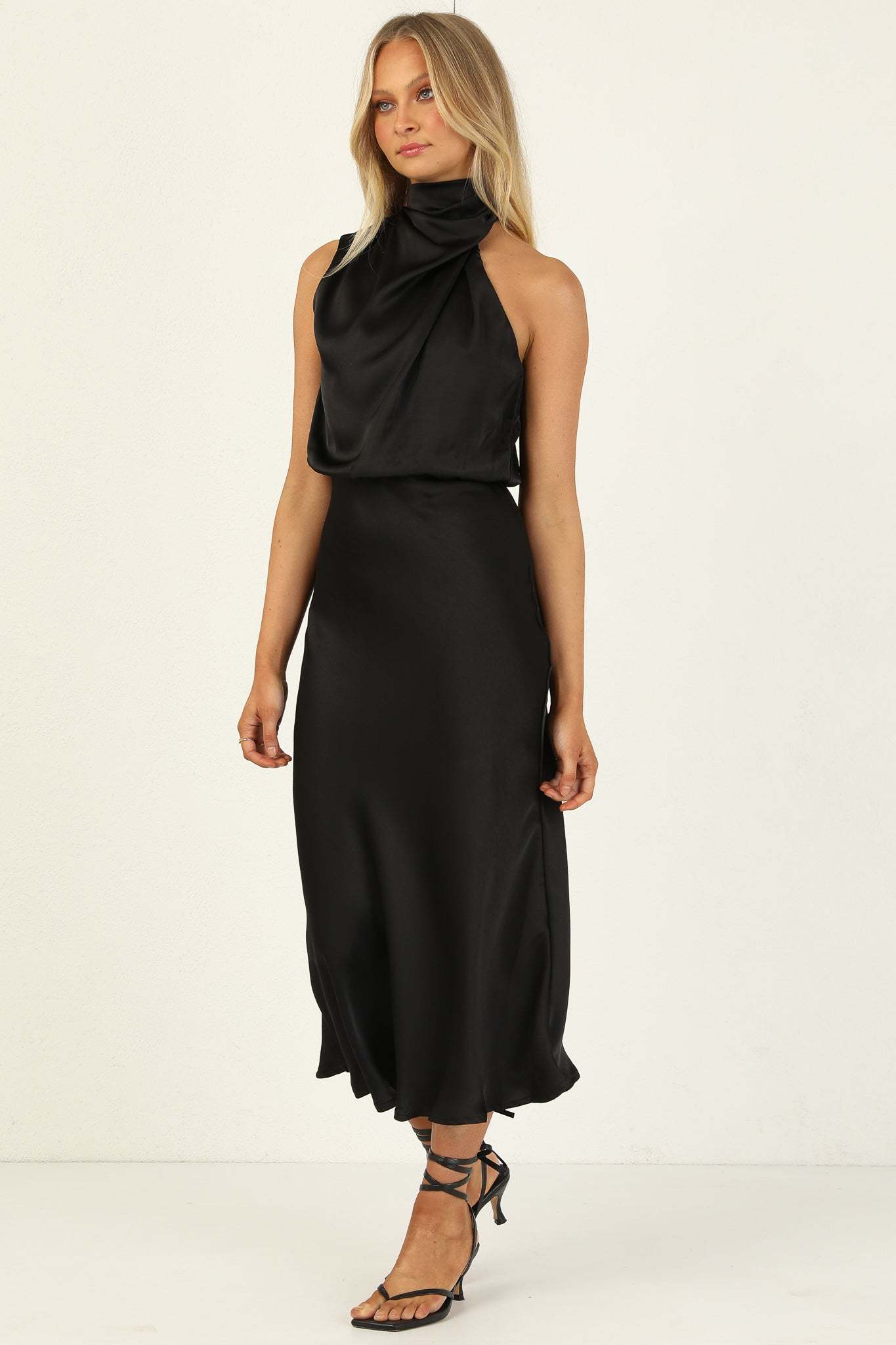 Turtleneck Sleeveless Satin Midi Dresses-Hayhty.All Rights Reserved.