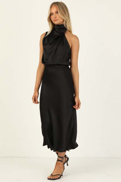 Turtleneck Sleeveless Satin Midi Dresses-Hayhty.All Rights Reserved.