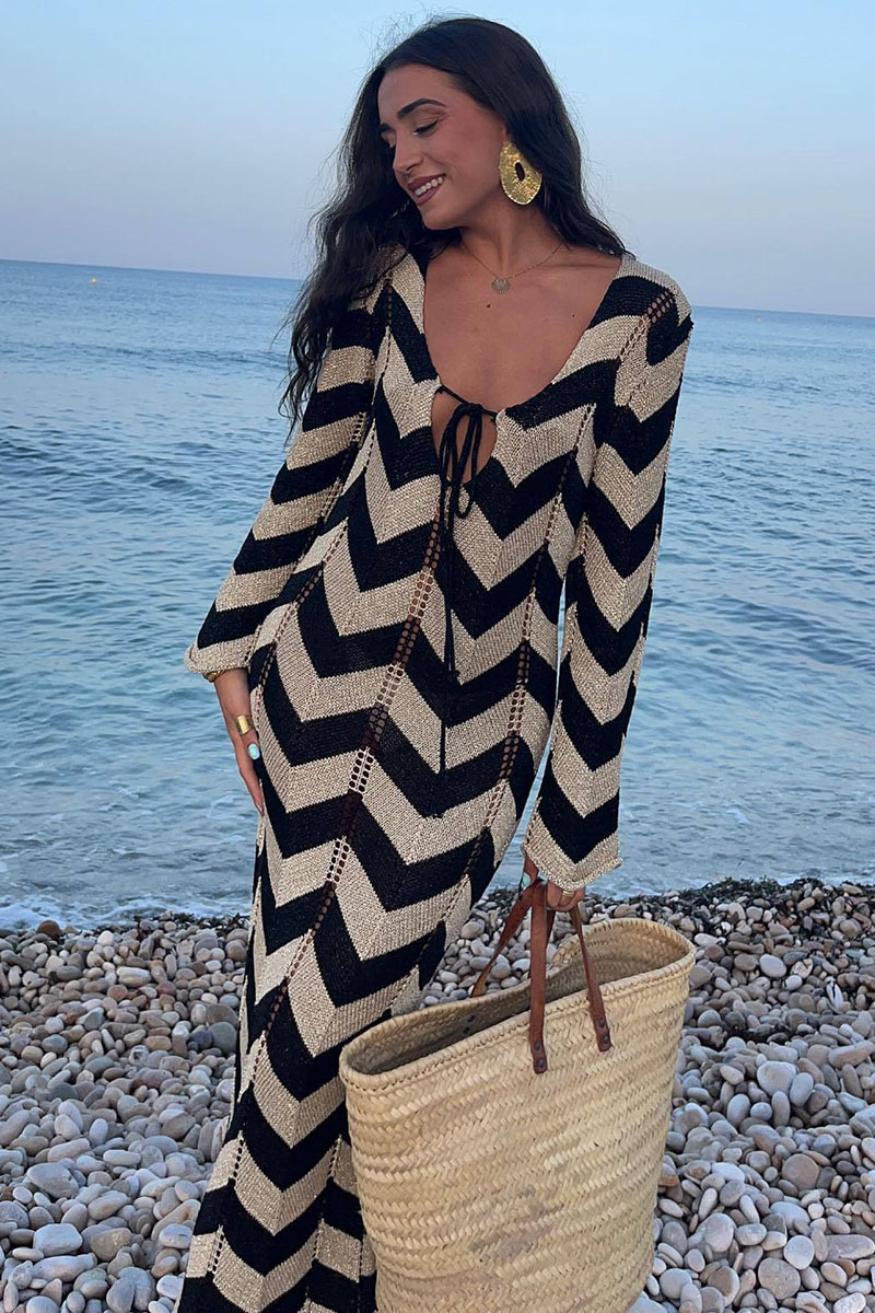 Colorblock Wavy Crochet Long Sleeve Vacation Cover-Up Maxi Dresses-Black-Hayhty.All Rights Reserved.