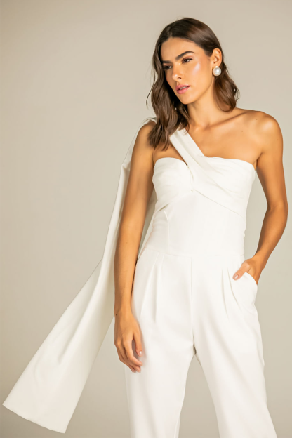 One Shoulder Streamer Ruched Straight Leg Plain Jumpsuit-White-Hayhty.All Rights Reserved.