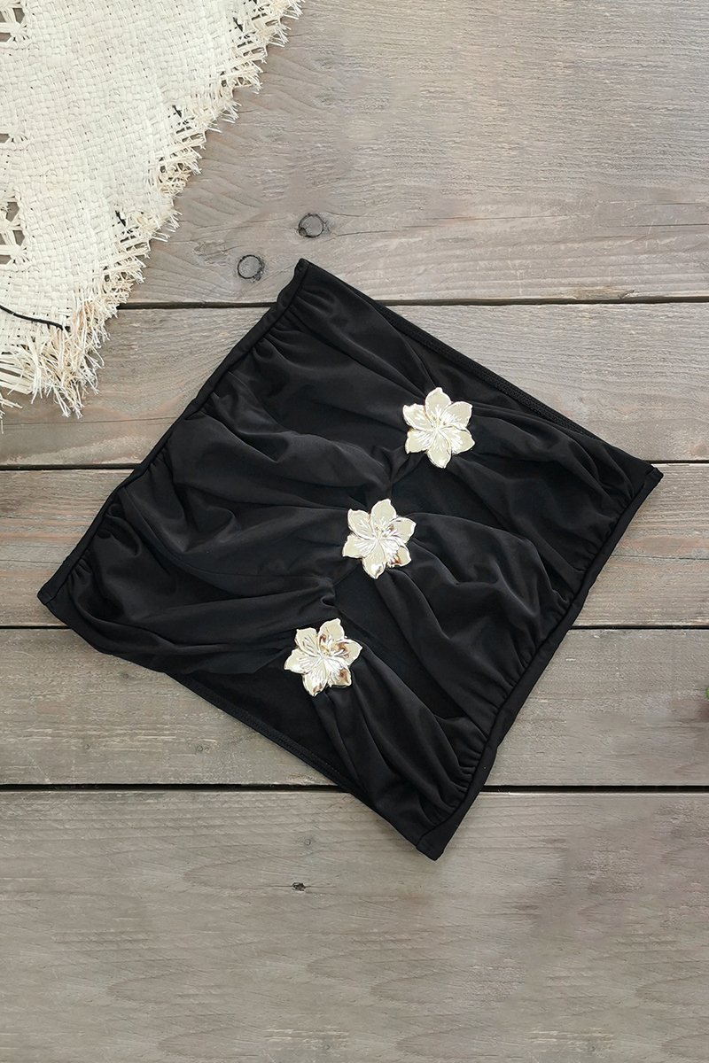 Metal Flower Decor Hollow Out One-Piece Swimsuit Mini Skirt Bikini Set-Black-Hayhty.All Rights Reserved.