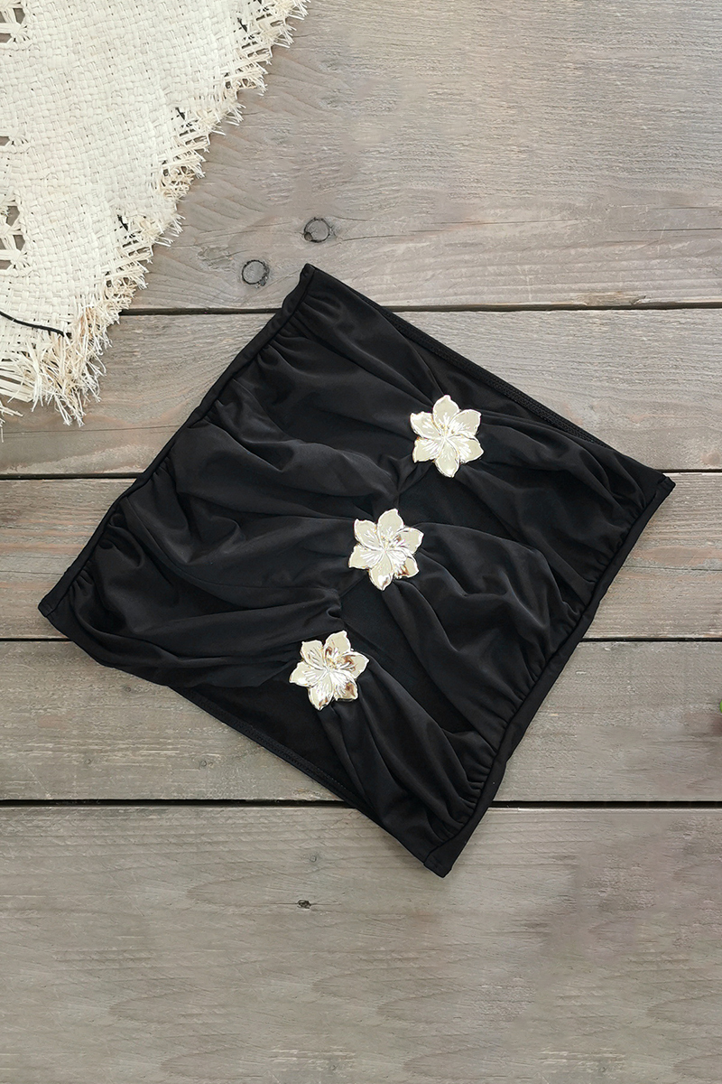 Metal Flower Decor Hollow Out One-Piece Swimsuit Mini Skirt Bikini Set-Black-Hayhty.All Rights Reserved.