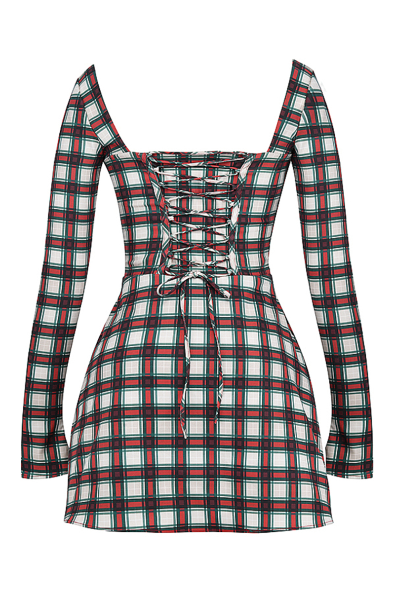 Long Sleeve Square Neck Lace Up Plaid Print Mini Dresses-Red-Hayhty.All Rights Reserved.