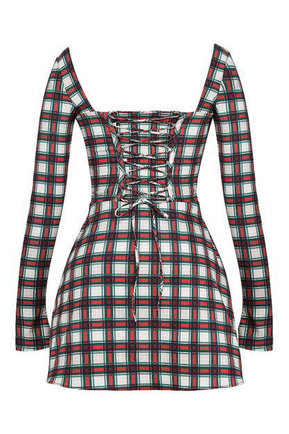 Long Sleeve Square Neck Lace Up Plaid Print Mini Dresses-Red-Hayhty.All Rights Reserved.