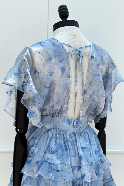 Pattern Print Deep V Neck Ruffled A-Line Mini Dresses-Blue-Hayhty.All Rights Reserved.