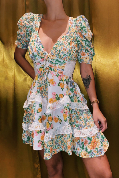 Floral Print V Neck Juliet Sleeve Lace Ruffled Trim A-Line Mini Dresses-Green-Hayhty.All Rights Reserved.