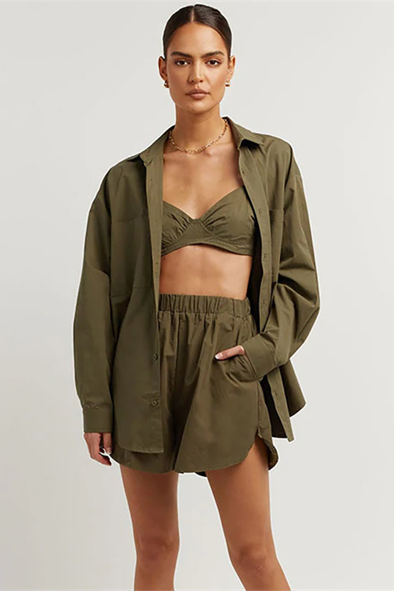 Long Sleeve Blouses Cami Crop Top 3pcs Shorts Set-Hayhty.All Rights Reserved.