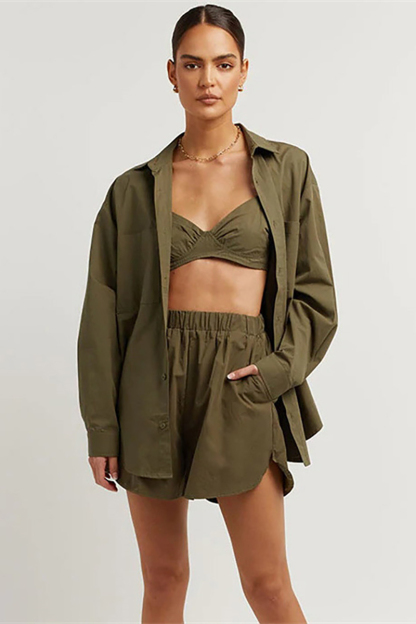 Long Sleeve Blouses Cami Crop Top 3pcs Shorts Set-Hayhty.All Rights Reserved.