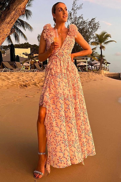 Deep V Neck Slim Ruffled Shoulder Backless Tied Up Cutout Floral Print Vacation Maxi Dresses-Hayhty.All Rights Reserved.