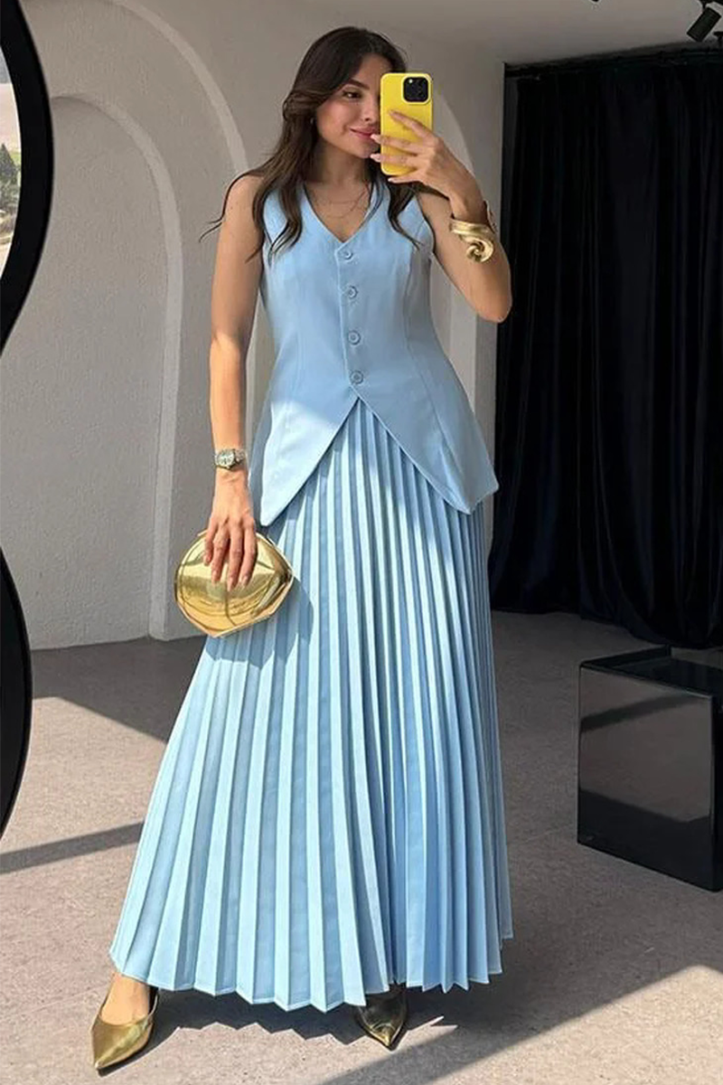 V Neck Button Up Slit Vest Pleated Maxi Skirt Matching Set-White-Hayhty.All Rights Reserved.