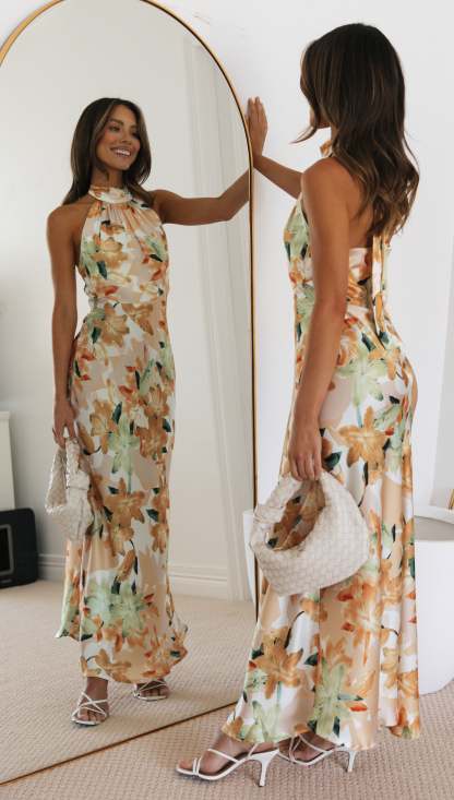 Floral Print Halter Backless Flowy Vacation Maxi Dresses-Hayhty.All Rights Reserved.