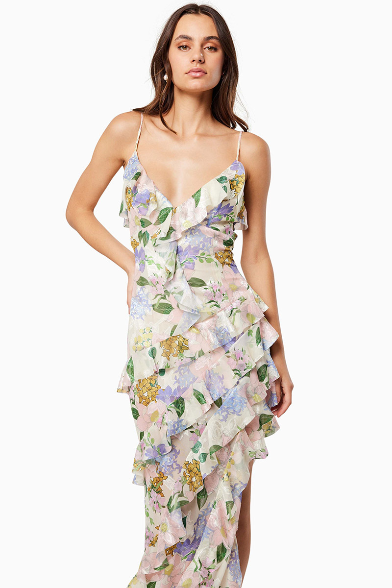 Floral Print Ruffled V Neck High Slit Tiered Maxi Dresses-Pink-Hayhty.All Rights Reserved.