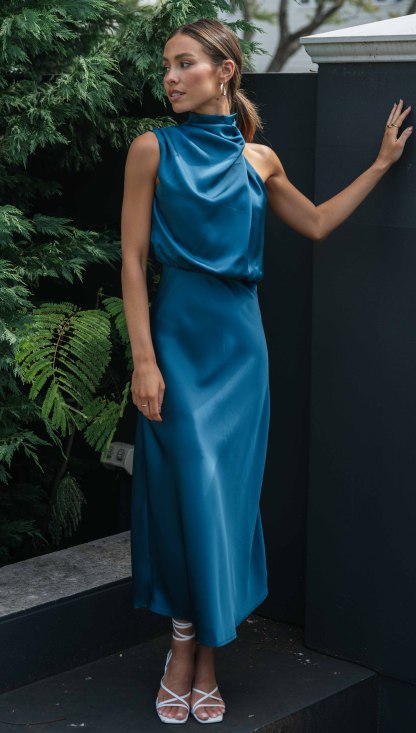 Turtleneck Sleeveless Satin Midi Dresses-Hayhty.All Rights Reserved.